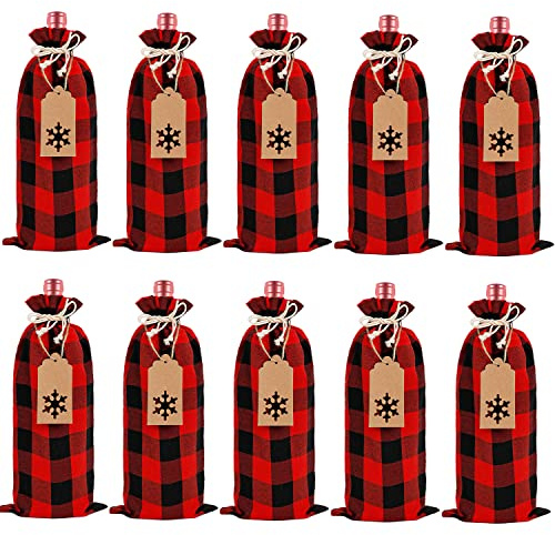 SULOLI Christmas Burlap Wine Bags, 12 Pcs Jute Buffalo Plaid Wine Bottle Covers Drawstring with 24 Tags and Ropes for Christmas Decoration Wedding Birthday Holiday Party