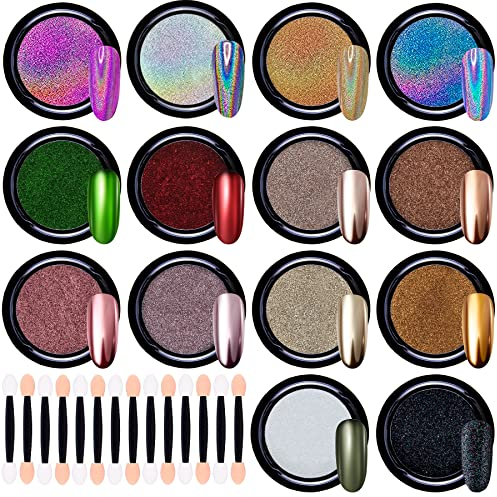 Duufin 14 Jars Nail Chrome Powder Metallic Mirror Effect Nail Powder 1g/Jar with 14 Pcs Eyeshadow Sticks, 14 Colours