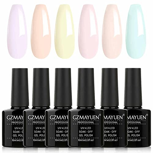 GZMAYUEN Gel Nagellack Set Pastell Nagellack UV Lack 6 Farben Macaron Rose Gelb Rosa Mint Blau Pastellfarben Shellac Gellack Set 10ML