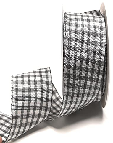 s.dekoda Schleifenband 20m x 40mm Grau Anthrazit - Weiß Karoband kariert Vichykaro Dekoband mit Draht [3850]