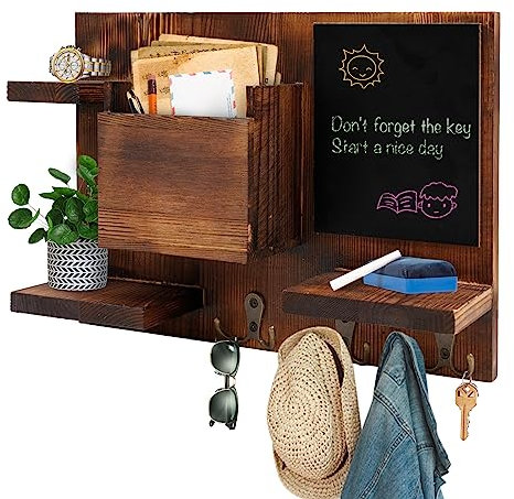 Porte-clés pour organiseur de courrier mural Support mural rustique et étagère à clés avec 3 crochets en métal robustes,3 tableaux d'affichage,1 tableau noir pour entrée,salon,décor de ferme et bureau
