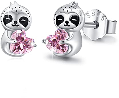 Faultier Ohrstecker Mädchen 925 Sterling Silber Faultier Ohrringe mit Hell Pink Herz Zirkonia Ohrringe Tier Ohrstecker Schmuck Faultier Geburtsstein Geschenke für Frauen Kinder Tochter Mutter Mama
