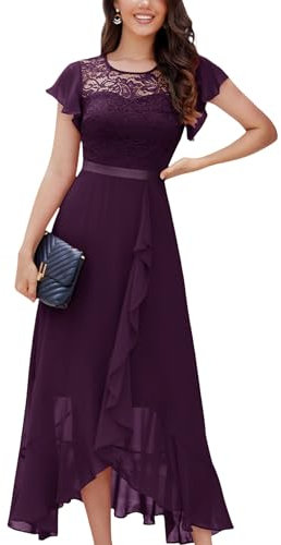 Berylove Evening Dress Long Elegant for Wedding Dress with Slit Cocktail Dress Women's Elegant with Sleeves Elastic Waist, grape, L