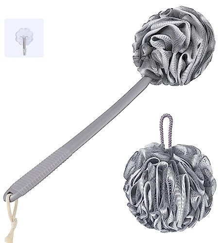 VANZAVANZU Loofah Sponge Set Shower Puff, 17 Anti-Slip Plastic Long Handle Loofah Body Scrubber with Exfoliating Shower Sponge, PE Soft Mesh Bath Sponge Luffa-Gray with White Edge