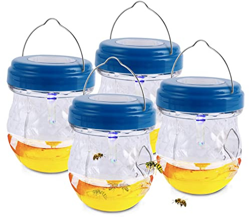 Piege a Guepes Exterieur Jardin, Piege a Guepes et Frelons, Piege a Mouche Solaire avec Lumière, Piège Frelon Asiatique LED, Piège à Frelons à Suspendre Attrape Abeilles Amovible (4 Pièces, Bleu)