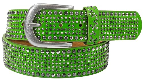 Damengürtel mit Nieten, Strass-Nieten-Besatz, Synthetikgürtel im Vintage-Style, Breite ca. 3,8 cm (Grün; BW100cm - Gesamtlänge 115cm)
