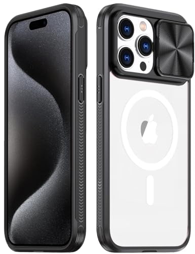 Rdyi6ba8 Clair Coque pour iPhone 15 Pro, Transparente Étui [Ne Jaunit Jamais] Protection de la Caméra Étui avec Coulisse Cache Objectif pour iPhone 15 Pro - Noir