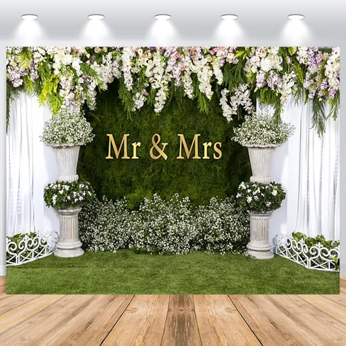 Mr&Mrs Bunt Blumenwand 2.5x1.8m, Vinyl Fotobox Hintergrund für Hochzeit, Geburtstag, Brautdusche, Party, Portrait Fotostudios
