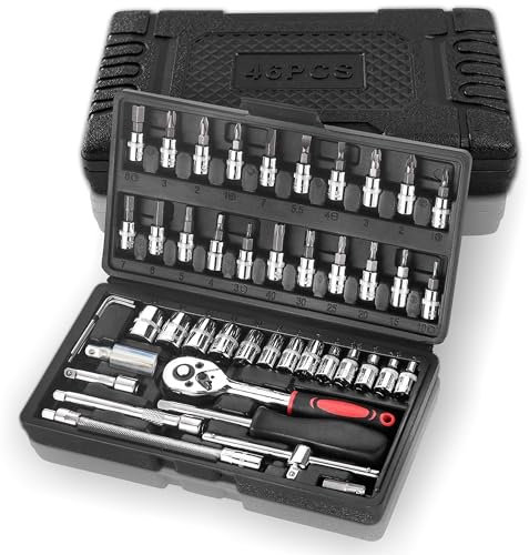 46 pièces Coffret de douilles et embouts avec Clé à Cliquet Rallonge Set Compact Adaptateur Jeu Coffret Douille Outil de Réparation de Véhicule