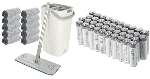 ASelected Flat Mop and Bucket set, Hands Free Squeeze Mop with 10 Reusable Microfiber & Amazon Basics AA Alkaline Batteries, Industrial Double A, 5-Year Shelf Life, 40-Pack