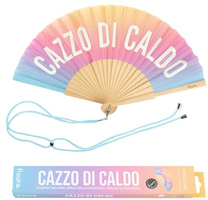 FISURA – Ventaglio originale con messaggio “c*zzo di caldo”. In legno sfumato. Ventaglio con cordino porta ventaglio. Brilla al buio. 42,5 x 23