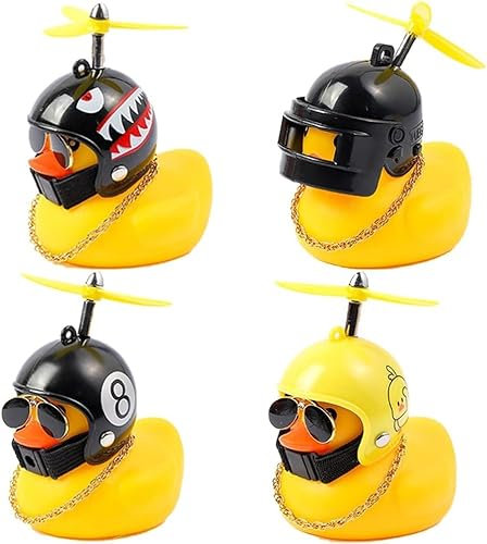 4 piezas de pato de goma para coche, pato de goma con casco de hélice, pato fresco con gafas de sol y cadenas doradas, para coche, moto, bicicleta, decoración del salón