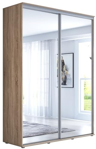 Meble Slupia - Garderobenschrank - Kleiderschrank mit 2 Spiegel und Schiebetüren - B 100 x H 242 x T 61 cm - Kleider Schrank Schlafzimmer, Flur - mit Kleiderstange - Maja 57Eiche Sonoma