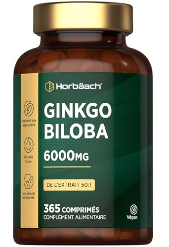 Ginkgo Biloba 6000mg | 365 Compresse Vegane (1 Anno) | Estratto 50:1 ad Alto Dosaggio | Ginkgo Biloba Forte (non capsule) | Facile da Deglutire | Horbaach