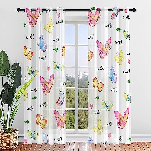 Surwin Tende per Interni, Stampa di Farfalle Tende a Vetro con Occhielli, 2 PezziTende Camera da Letto, Tende Voile Semi Trasparenti, per Camera Letto, Cucina (140x275cm,Farfalla Rosa)