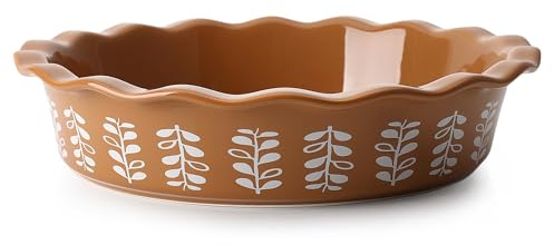 Sweese Porcelain Deep Fluted Pie Dish for Baking - 9 inch Porcelain Pie Plate for Apple, Quiche, Pot Pies, Tart - Leaf - Brown