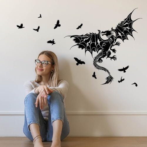 SUPERDANT Wandtattoo Fliegender Drache Fliegende Vögel Wandsticker Drachen Wandaufkleber Rustikale Klebstoffaufkleber Vinyl Wandsticker Dekor Für Kinderzimmer Schlafzimmer Wohnzimmer Wanddekoration