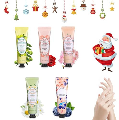 Noël Coffret Cadeau Femme,Noël Crèmes Mains Hydratantes,Crèmes pour Mains,Coffret Cadeau pour Saint-Valentin,Cadeau,d'Anniversaire,5 Pièces (Roses+Olives+Fleurs de Cerisier+Bleuets+Camomille)