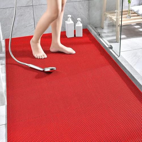Grand tapis de sol antidérapant et anti-moisissure pour salle de bain/cuisine/piscine - Grand tapis de douche en PVC avec drain - Rouge - 80 x 120 cm