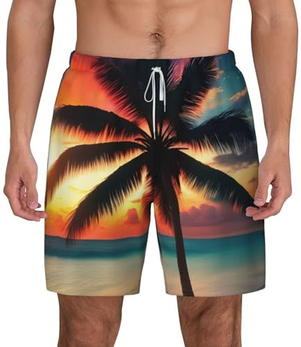 Short de bain décontracté pour homme avec doublure de compression à séchage rapide Motif palmier et coucher de soleil, blanc, Small