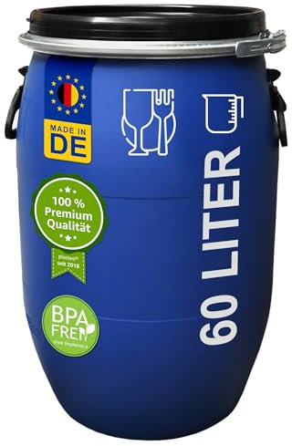 plasteo® 60 Liter Deckelfass Lebensmittelecht Weithalsfass mit Spannverschluss | Futtertonne | Universalfass | Lagerfass | Campingfass | Transportfass | Regenfass | Stapelbar | Blau