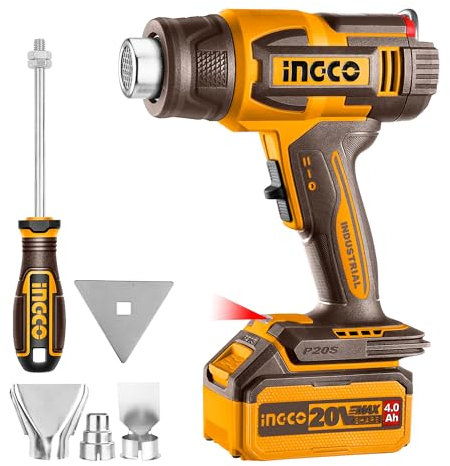 INGCO 20V Cordless Hot Air Gun (Body Only) Max 1022°F (550°C), 100/200 L/min, Adjustable Temperature with LCD Display HGLI2003