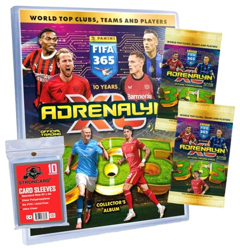 Bundle mit Panini FIFA 365 Karten 2025 - Adrenalyn XL Trading Cards - Exklusive STRONCARD Sammelkarten Hüllen - 1 Mappe + 2 Booster