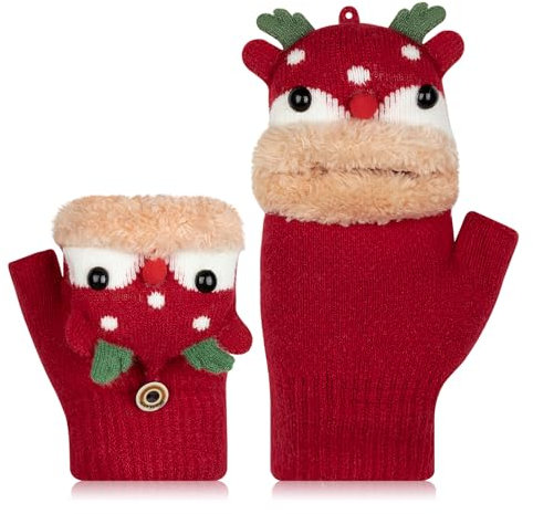 Kiiwah Kinder Halbfinger Handschuhe mit Flip Top, Fingerlose Handschuhe Fäustlinge für Junge Mädchen Warm Strickhandschuhe Plüschfutter Fingerlos Winterhandschuhe Kinder Thermohandschuhe