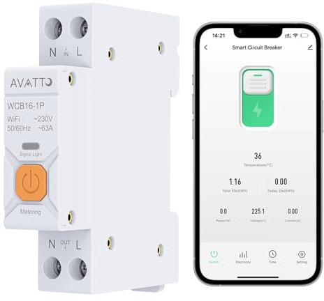 AVATTO Interruptor inteligente WIFI 1P para Smart Home inalámbrico, mando a distancia, interruptor compatible con Alexa y Google Assistant Smart Life TUYA APP (con medición de 16 A)