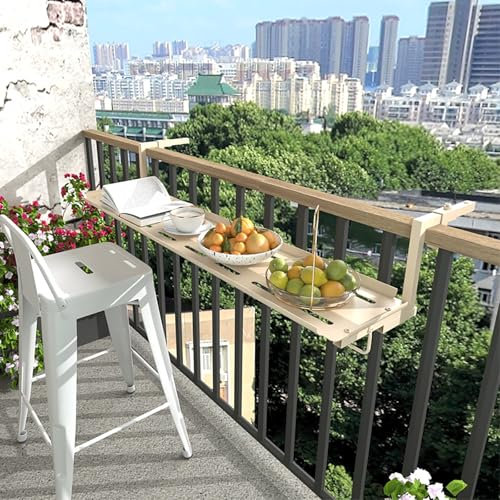 NOBBAT Folding Balcony Deck Table Table 7-Height Adjustable Outdoor Balcony Table, Balcony Railing Table, Garden Patio Balcony Railing Deck Table(White,90cm)