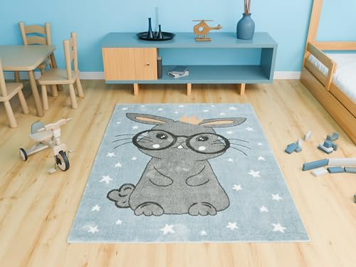 AKCILA Lima Kinderteppich Hase Grau Blau 160x230 cm Kinderzimmer Teppich, Spielteppich Kinder,Babyzimmer Tepich, Teppich Schlafzimmer,Teppiche Gegend, Kids Carpet,Kurzflorteppiche für Mädchen, Jungen