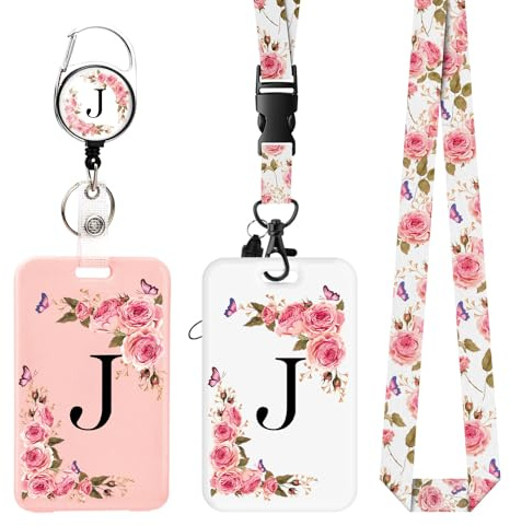2 pièces Porte Badge avec Lettres A-Z, Lanière Détachable et Clip Rétractable, Porte Cartes Personnalisé avec Enrouleurs de Badge pour Femmes Infirmières Enseignants Étudiants Bureau (J)