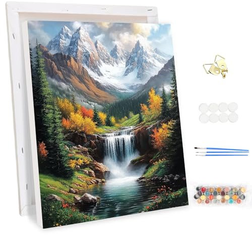 MEIYUDA Peinture par Numero Adulte avec Cadre, Paysage Cascade de montagne Kit de Peinture à l'Huile sur Toile par Numéro, Débutants Peinture Acrylique Pigmentée, Decoration Maison Cadeau 30x40cm