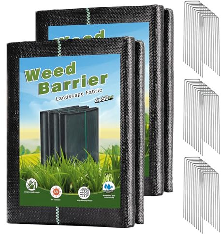 Paquete de 2 barreras de malezas de jardín de 4 x 100 pies, tela resistente, barrera de tela de malezas, cubierta de suelo de jardín, tapete de control de malas hierbas con 30 clavijas de seguridad en