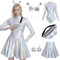 Joellfuner Alien Kostüm Damen, Space Girl Kostüm, Body Silber Kostüm Set mit Glitzer Oberteil, Rock, Bauchtasche, Alien Haarreif und Ohrringe, Maskerade Karneval Kostüm Damen, Cosplay (L)