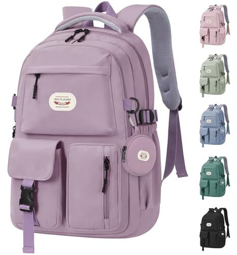 BECOJADDE Backpack School Bag Womens Girls with 15.6'' Laptop compartment, Water Resistant Rucksack with Coin Purse, Daypack for College, Work & Travel, Ideal for Teens & Students Purple 25L