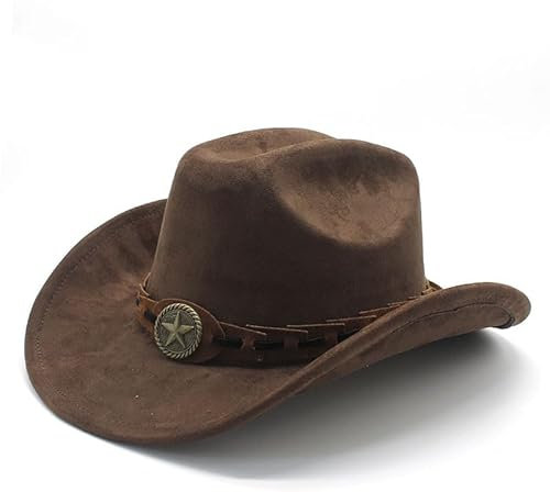 Wide Brim Cowboy Hat for Men Women Faux Suede Western Leather Cowboy Cowgirl Hat Stylish Adjustable Fedora Cowboy Outdoor Hat Brown