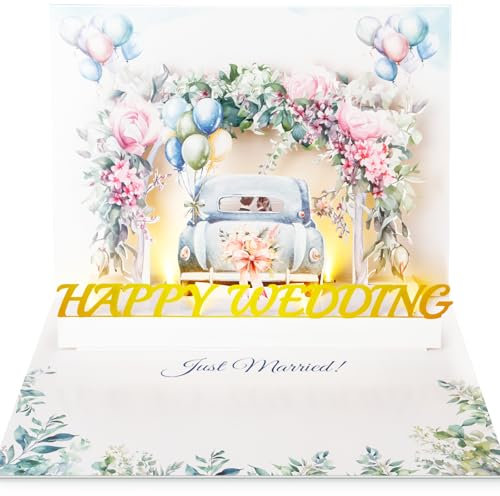 FITMITE 3D Pop-up Hochzeitskarte mit Musik & Licht – Handgemacht mit Auto und Blumenbogen – Ideal als Geschenk zur Hochzeit, Verlobung oder zum Jubiläum.