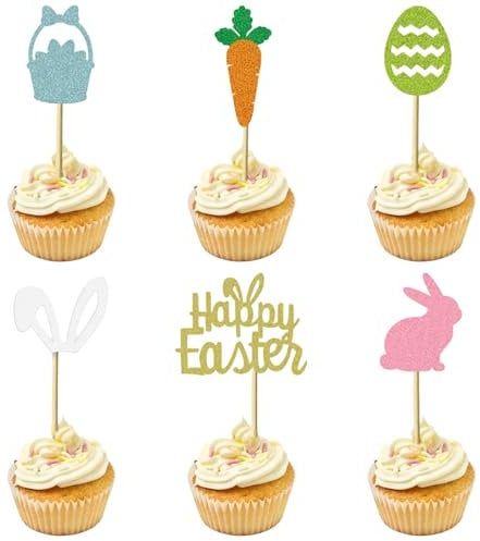 12 Pcs Easter Cupcake Toppers Decorations - Glitter Happy Easter Cake Toppers with Bunny Ear Egg Carrot Basket Cupcake Picks, Easters Theme Party Cake Decorations Supplies