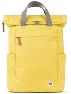 ROKA London Finchley A Medium Recycled Canvas (Lemonade) | Roll top backpack with spacious storage, padded laptop sleeve, side bottle pockets, secret pocket and adjustable straps