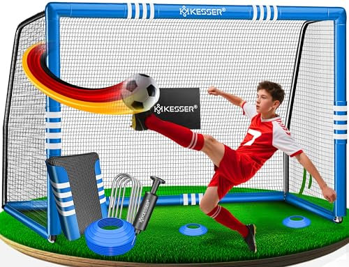 KESSER® Fußballtor – Hochwertiges Fußballtor 240cm, Training Schusstraining UV-beständigem Netz, Stahlrahmen mit Polsterung, Erdhaken, Luftpumpe, Hüttchen, Montagezubehör für Kinder und Erwachsene