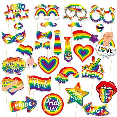 Pride Deko Photo Booth Requisiten, 28 PCS Stolz Tag Partei Foto Requisiten, Fotobox Accessoires,Fotobox Party Regenbogen Herz Homosexuell Stolz Tag und Monat Zubehör Deko für LGBTQ Party Supplies