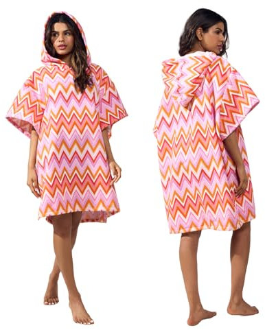 OHS Poncho Towel for Adults, Soft Absorbent Quick Dry Stylish Zigzag Print Beach Changing Robe Hooded Towel Poncho for Women Lightweight Oversized Swim Towels for Pool Travel, Multi