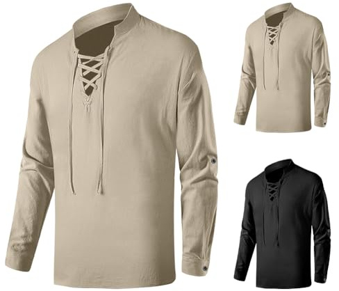 BSBUY Chemise Médiévale Pirate Pour Homme, Costume Vintage Médiéval Décontracté À Manches Longues En Coton, Déguisement Viking De Pirate Halloween