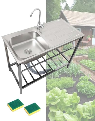 Edelstahl Werkstatt Waschbecken Outdoor Spülbecken Küche Spüle Freistehend Spültisch Mit Wasserhahn Für Camping/Garage/Waschküche Gewerbliche Restaurantspüle Leicht Zu Reinigen(75x40xH75cm)