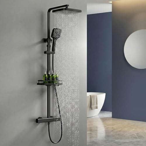 HOMELODY Duscharmatur mit Thermostat & Duschablage - Duscharmatur Komplettset Schwarz mit Handbrause & Regendusche Kopfbrause - Höhenverstellbar, 38°C Sicherheitssperre, für modernes Badezimmer