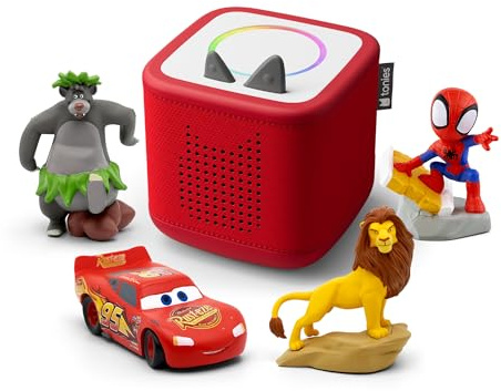 Toniebox 2 Audio Player Disney Bundle for Kids 3+ with Spiderman, Lightning McQueen, Simba, and Baloo - Sunset Red