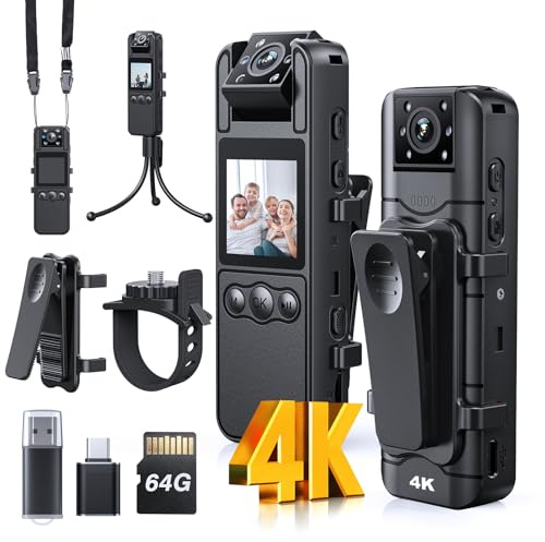 BOBLOV Bodycam Körperkamera Mini 4K Bodycam - HD Body Cam Mini Videokamera POV Vlog Kamera für Aufnahmen, Vorträge, Reisen, Rotate Körperkameras mit Audio und Videoaufnahme (4K-64GB)