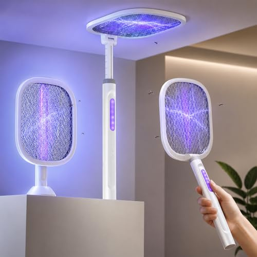 URSICO Elektrische Fliegenklatsche 5000V, 2 in 1 Mückenklatsche Elektrisch mit UV-Licht & Nachtlicht, 180° klappbarer Kopf, ausziehbar 61–72 cm, 2000mAh USB-C Akku, Insektenvernichter für Haus Camping