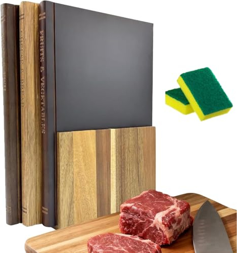 Lot de 3 planches à découper en bois style livre pour cuisine, légumes, pain, viande avec support – Design unique de bibliothèque